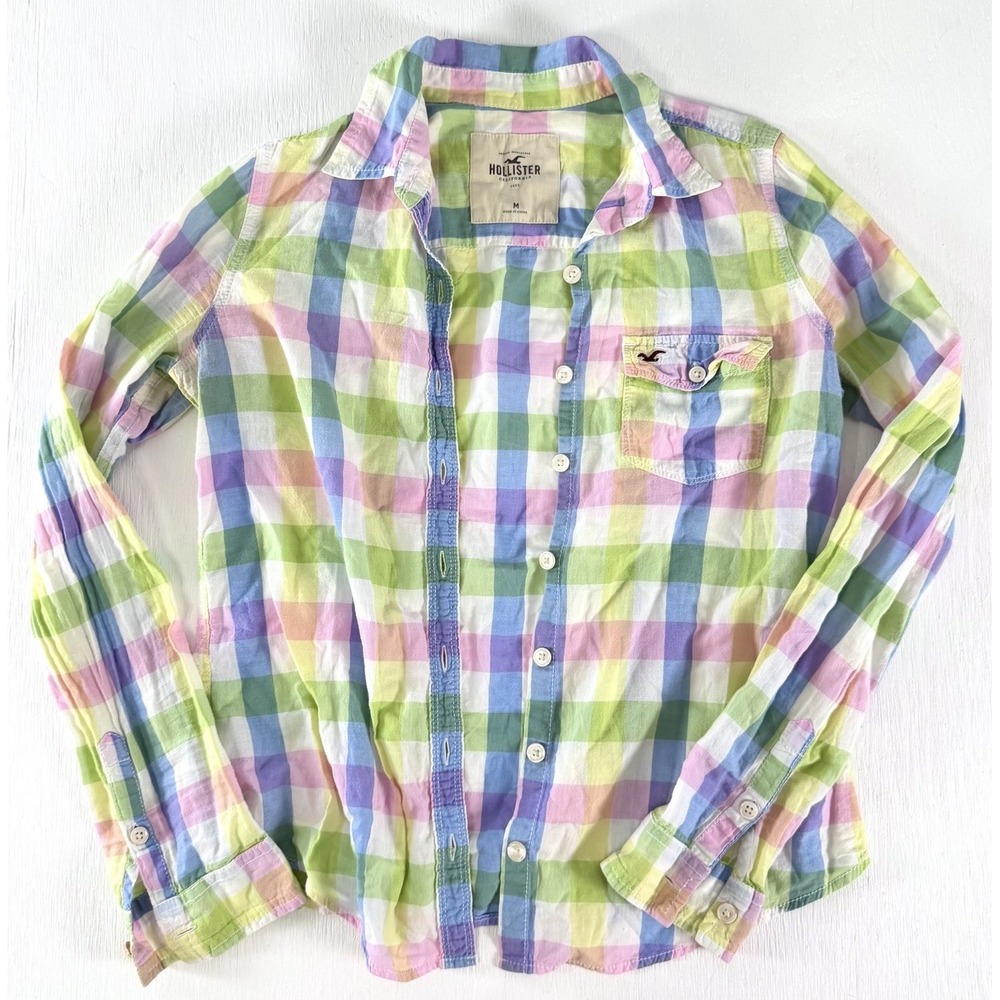 HOLLISTER Y2K Plaid Checkered Shirt‎ Size M Pastel DB Boyfriend Fitted